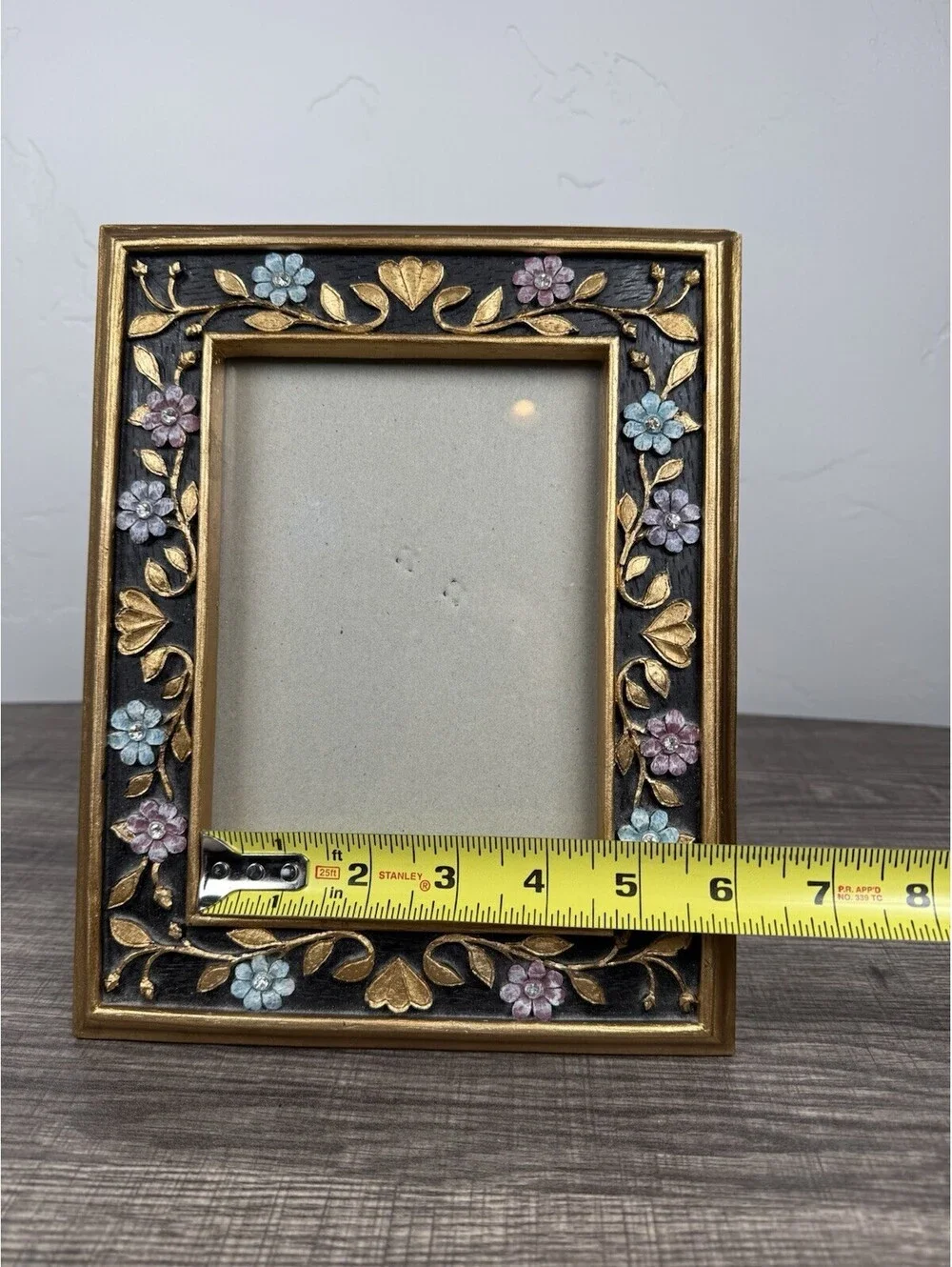 Vtg Floral Picture Frame Bejeweled Gold Black 4.5x6.5 Cottagecore Easel 10x8